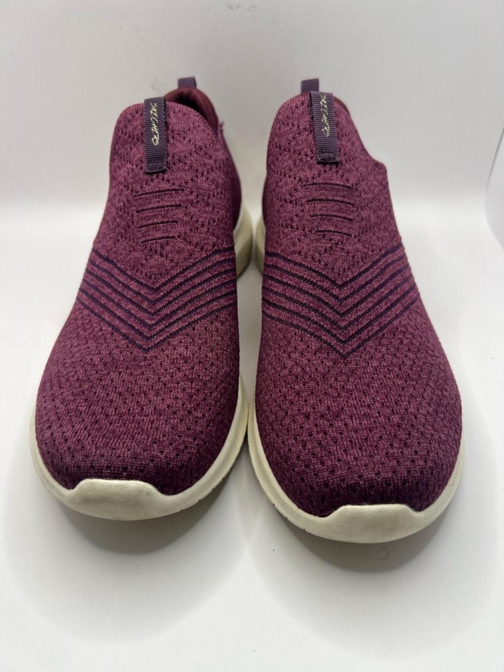 Skechers Slip-On Knit Sneakers in Burgundy and Cream Sole